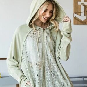 OLI & HALI Gypsy Lace Zip Up Long Sleeve Bohemian Oversize Hoodie Sage Women's L